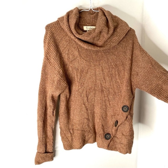 Jessica Simpson Ribbed Neutral Brown Knit Button Turtleneck Sweater NWT - Picture 2 of 7